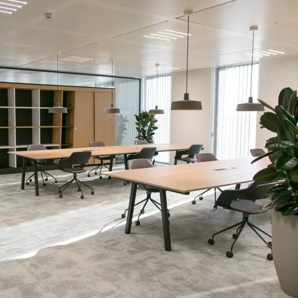 Complete office interior with wooden landing tables and movable chairs 
